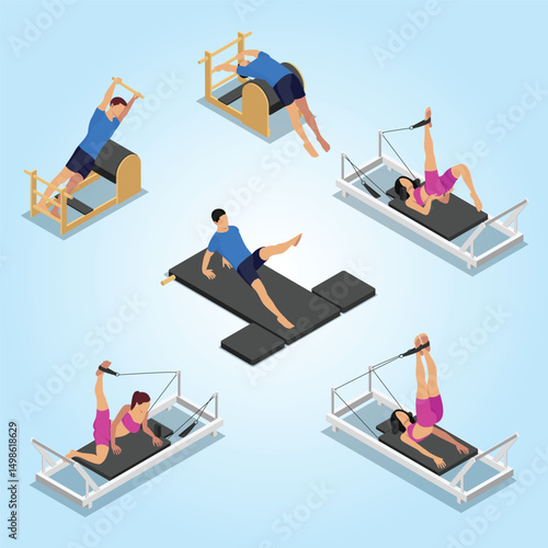 Pilates isometric set with isolated round compositions of people stretching performing workout exercises with gym apparatus vector illustration aerobics core wellbeing trainer