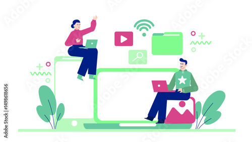 Two people working on laptops, collaborating, brainstorming, or telecommuting. Suitable for business, technology, teamwork, and online communication concepts.