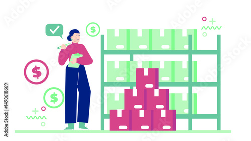 Woman holding a clipboard in front of a warehouse shelf, suitable for logistics, inventory management, warehouse organization concepts.