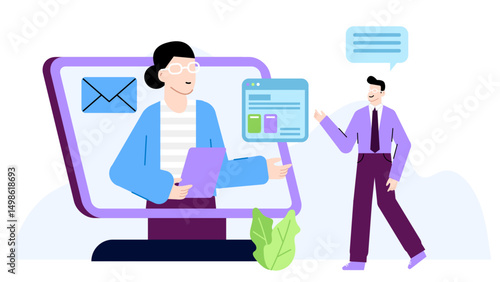 Woman on a computer screen chatting with a man. Suitable for web conferencing, virtual meetings, remote work, technology concepts.