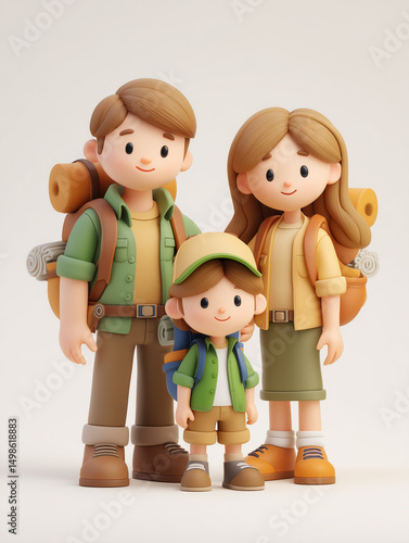 Cheerful Family Hiking Together with Backpacks and Smiling Expressions
