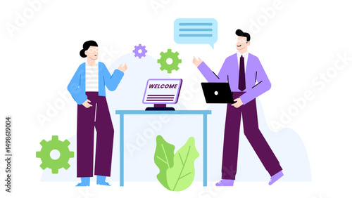 Two people welcoming new employee to company. Suitable for onboarding materials, training presentations, corporate blog posts, and HR resources.