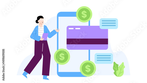 Concept of online shopping with a woman using a smartphone to make purchases, pointing at credit card and money icons. Suitable for ecommerce websites and financial blogs.