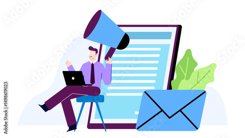 Man with megaphone sitting on a stool next to a phone. Suitable for communication, marketing, leadership, and business concepts.