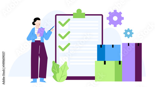 Person reviewing stacked checklist boxes. Suitable for project management, organization, productivity, task completion concepts in business presentations, websites, or blogs.