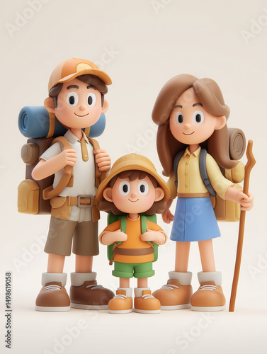 Cheerful Family Hiking Together with Backpacks and Smiling Expressions
