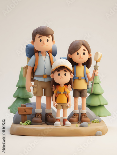 Cheerful Family Hiking Together with Backpacks and Smiling Expressions