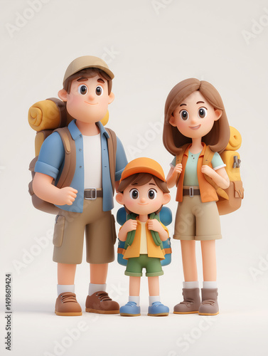 Cheerful Family Hiking Together with Backpacks and Smiling Expressions
