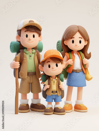 Cheerful Family Hiking Together with Backpacks and Smiling Expressions