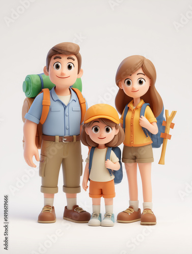 Cheerful Family Hiking Together with Backpacks and Smiling Expressions