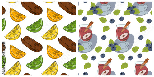 Colorful Citrus Slices and Mulled wine in glass mug with Blueberry Cinnamon stick Seamless Patterns