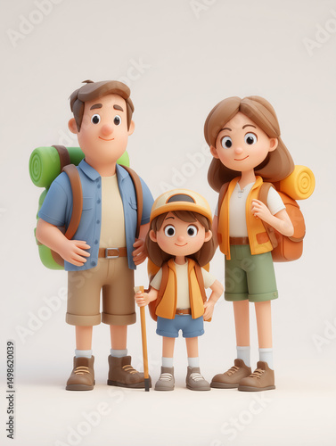 Cheerful Family Hiking Together with Backpacks and Smiling Expressions