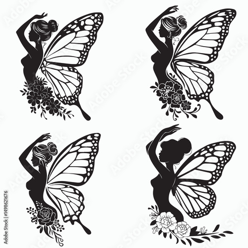 Elegant Fairy Silhouettes with Butterfly Wings and Flowers Feminine Fantasy Art for Crafts Tattoos Wall Prints and Magical Design Projects