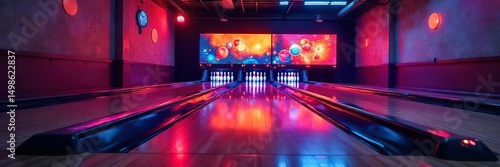 Indoor bowling alley, glowing pins and balls, dark wood lanes, retro vibe, classic entertainment Perfect for leisure, fun, games, nightlife, activity, recreation themes , glow, indoor sport, game
