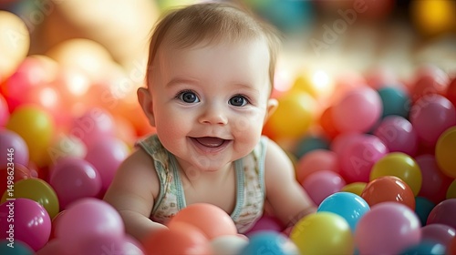 Baby joyfully playing in a colorful ball pit.