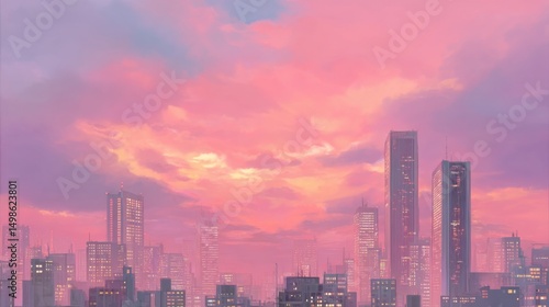 Vibrant Urban Skyline at Sunset with Colorful Cloudy Sky