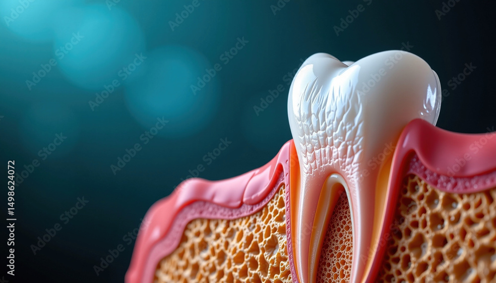 Fototapeta premium Detailed representation of tooth structure showcasing dental caries and surrounding tissue, emphasizing oral health and hygiene
