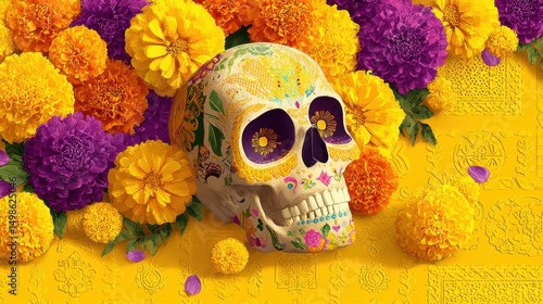 Colorful Skull and Marigold Flowers for Celebration and Tradition