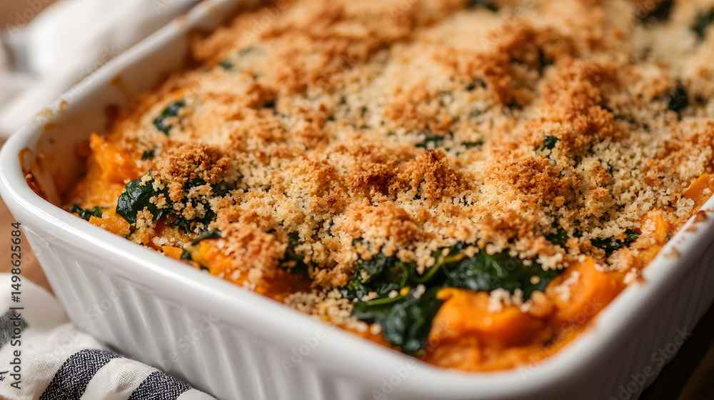 A spinach and sweet potato casserole topped with breadcrumbs and cheese. A spinach and sweet potato casserole topped with breadcrumbs and cheese.