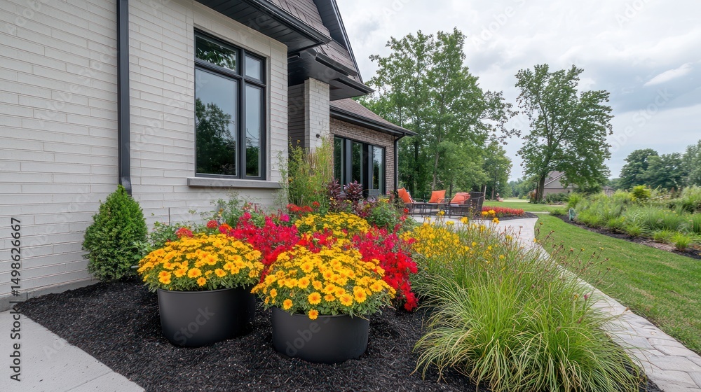 Modern home exterior with vibrant landscaping Modern home exterior with vibrant landscaping
