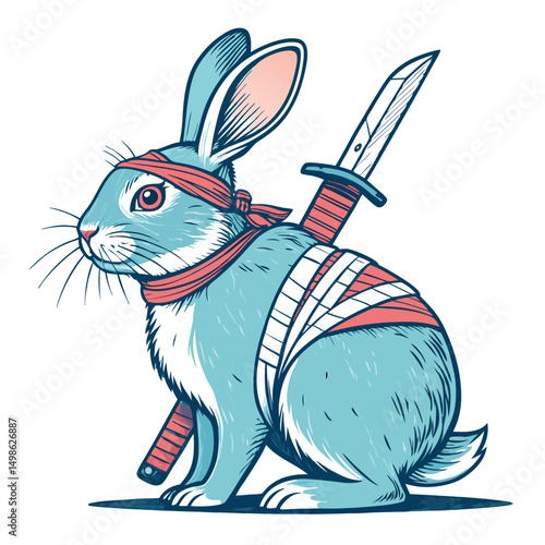 A distressed bunny rabbit, sporting bandages, with a hidden knife subtly positioned behind its back.  Depict a sense of vulnerability and hidden danger.