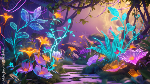 A magical garden with surreal elements like glowing vines, fantasy flowers, and floating leaves.