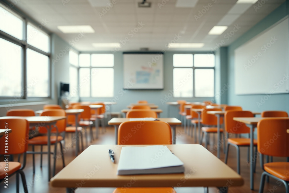 Fototapeta premium empty classroom with orange chairs and desks