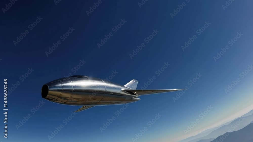 Sleek silver aircraft flying over mountainous terrain with clear blue sky Sleek silver aircraft flying over mountainous terrain with clear blue sky