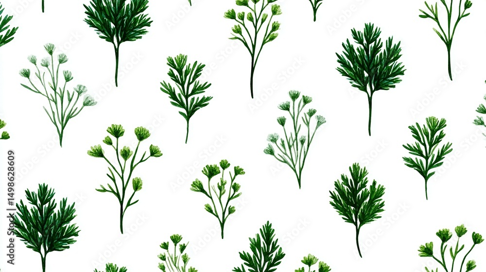 Fototapeta premium Watercolor botanical pattern of small green plants on white background.