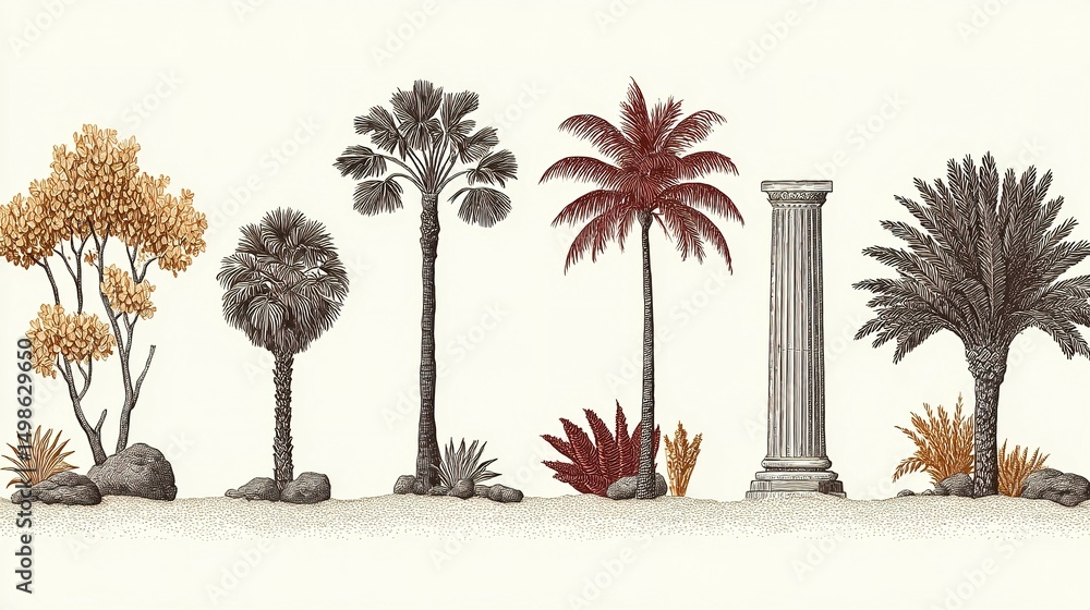 Fototapeta premium Decorative arrangement of palm trees, column, and other foliage.