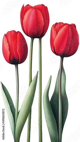 Red tulips, spring bloom, white background, greeting card