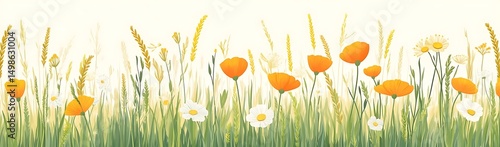 Orange poppies, daisies, meadow, summer. Web banner