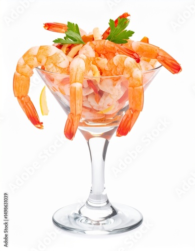 Shrimp (prawn) cocktail in glass bowl isolated on white background with clipping path for seafood or appetizer concept