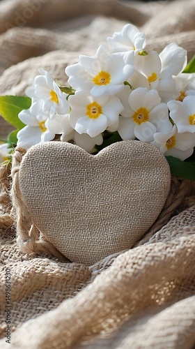 White flowers, heart, burlap, spring, romance, home decor