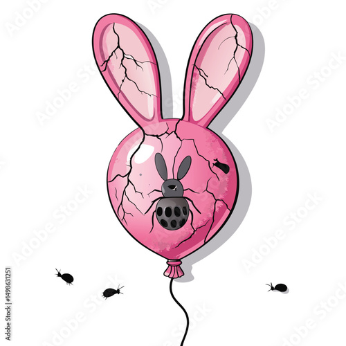 A deflated, cracked pink bunny balloon revealing numerous spindly insect legs emerging from the tear. Surreal, dark fantasy.