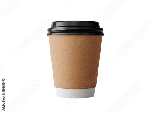 Brown paper coffee cup with black lid isolated on transparent background