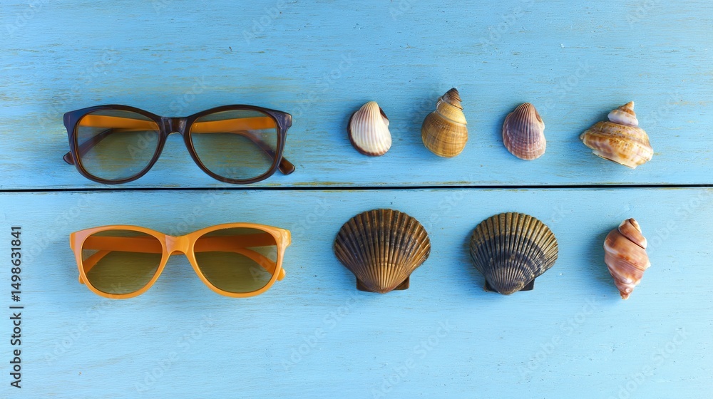 Obraz premium Summer beach essentials with seashells and sunglasses on a blue plank. A vibrant seaside escape.