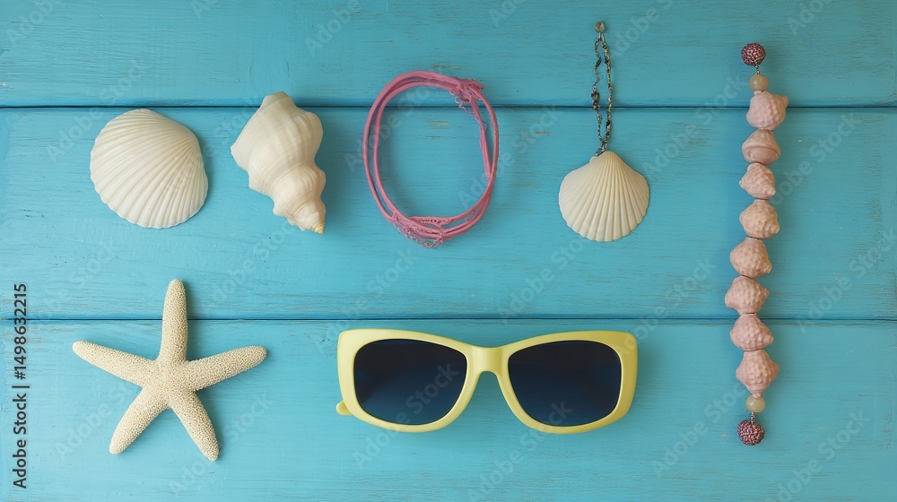 Naklejka premium Summer beach essentials with seashells and sunglasses on a blue plank. A vibrant seaside escape.