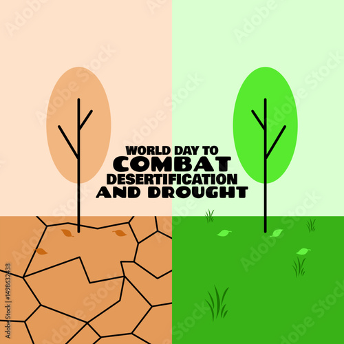 World Day to Combat Desertification and Drought to celebrate on June 17th. Illustration of the contrast between desertification and healthy land, ideal for raising awareness about environmental issues