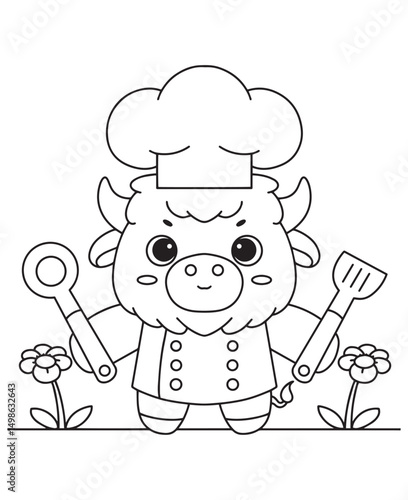 Coloring book adorable bull, with hat and utensils