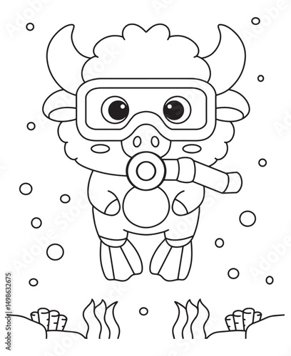 Wallpaper Mural Coloring book adorable bull explorer  Wearing snorkeling gear Torontodigital.ca