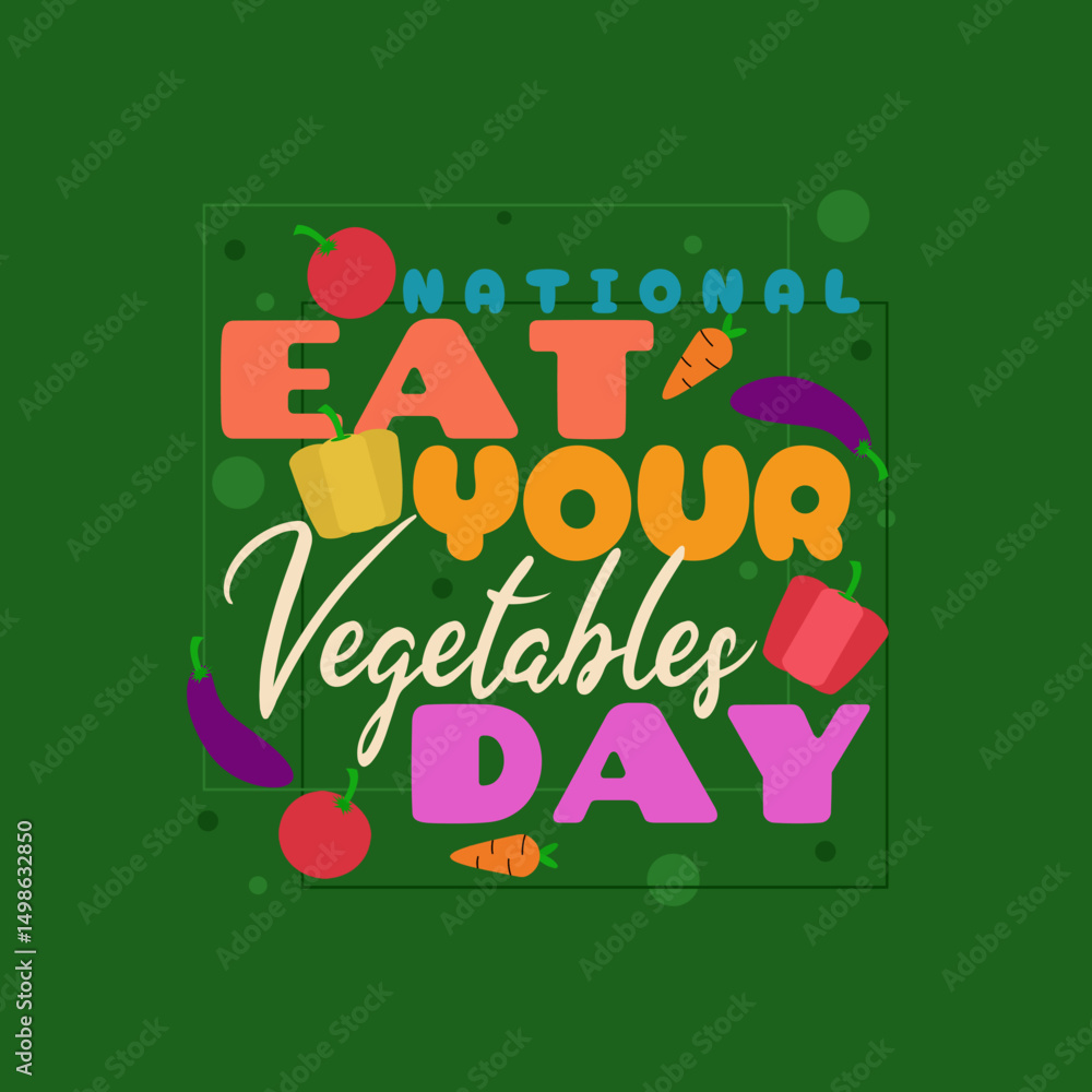 Obraz premium National Eat Your Vegetables Day to celebrate on June 17th. Colorful bold text with illustrations of fruit vegetables on dark green background. Healthy food event banner.