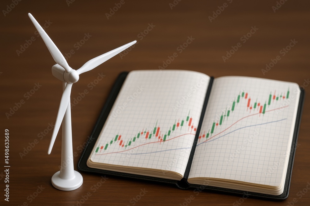 custom made wallpaper toronto digitalWind Energy Concept with Turbine and Stock Market Chart in Notebook on Wooden Table