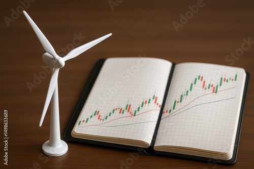 Wallpaper Mural Wind Energy Concept with Turbine and Stock Market Chart in Notebook on Wooden Table Torontodigital.ca