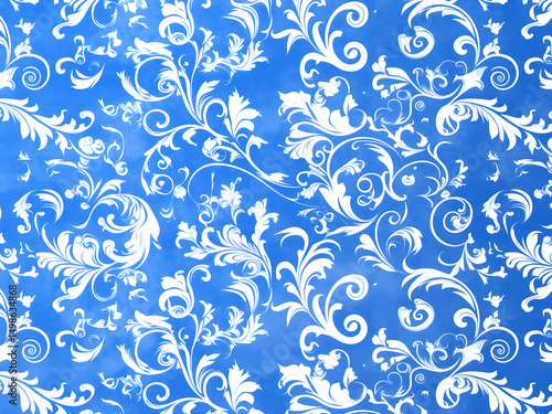 青背景に白い唐草模様 エレガントなクラシックパターンの装飾背景