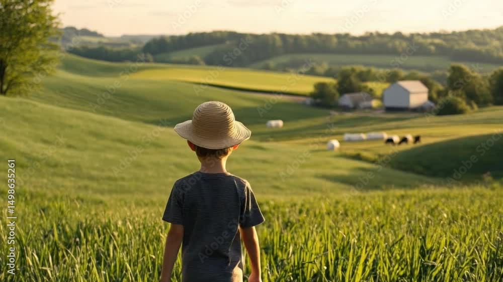 Serene Boy Observing Flowing Green Fields and Rolling Hills at Dusk 4k video footage Serene Boy Observing Flowing Green Fields and Rolling Hills at Dusk 4k video footage