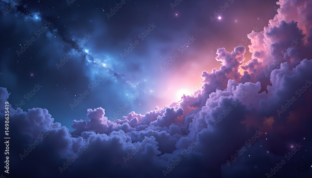 vibrant cosmic scene with swirling blue and pink nebula clouds and scattered glowing white particles creating a sense of vastness and mystery in deep space vibrant cosmic scene with swirling blue and pink nebula clouds and scattered glowing white particles creating a sense of vastness and mystery in deep space