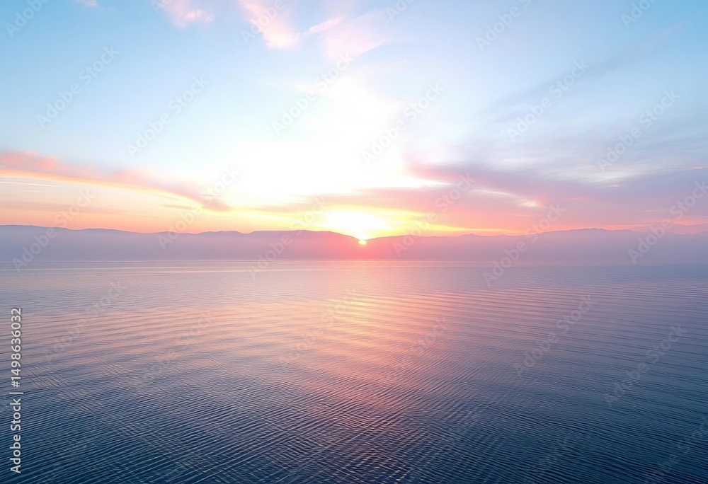 Obraz premium Dreamy sunrise over tranquil lake, pastel pink and blue hues, misty mountains, soft, gentle