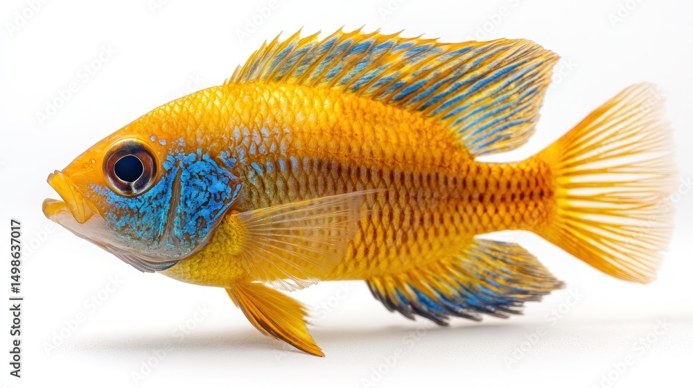 Fototapeta premium Vividly colored cichlid fish. A side profile of a vibrantly hued fish, displaying a striking combination of golden yellow and vibrant blue highlights on its fins and body