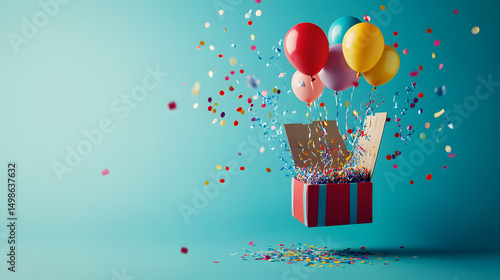 diseño de plantilla para invitacion con espacio de copia sobre un fondo azul con una caja de colores con confeti y globos coloridos flotando diseño de cumpleaños o festejo 